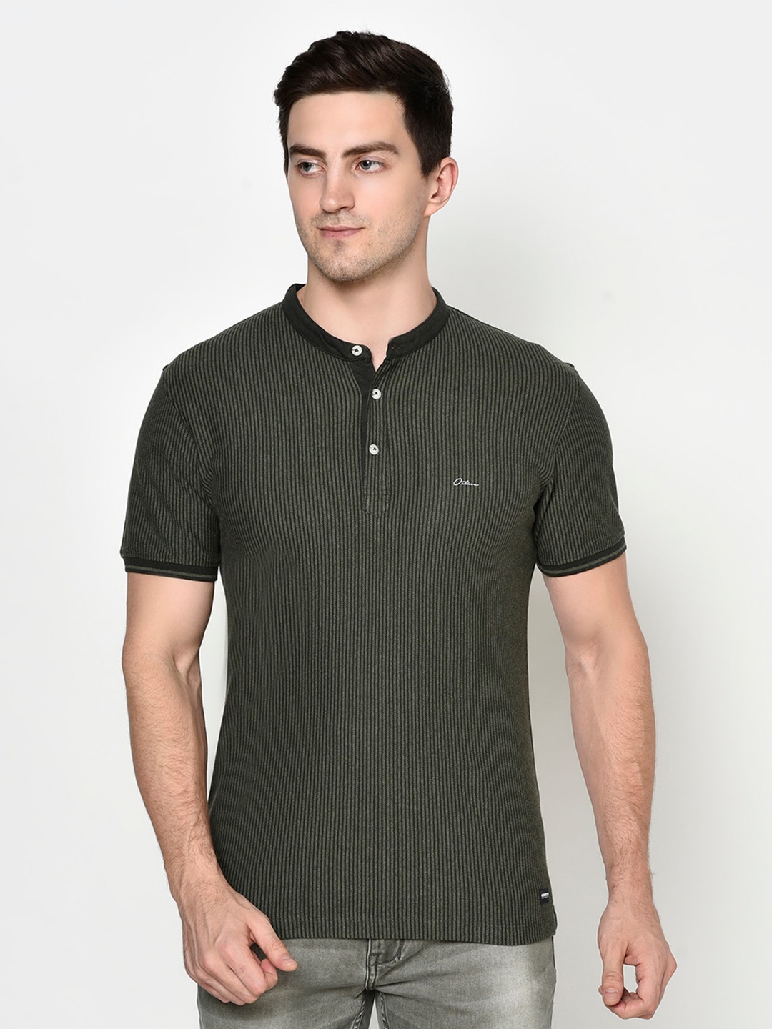 

Octave Men Olive Henley Neck Raw Edge T-shirt