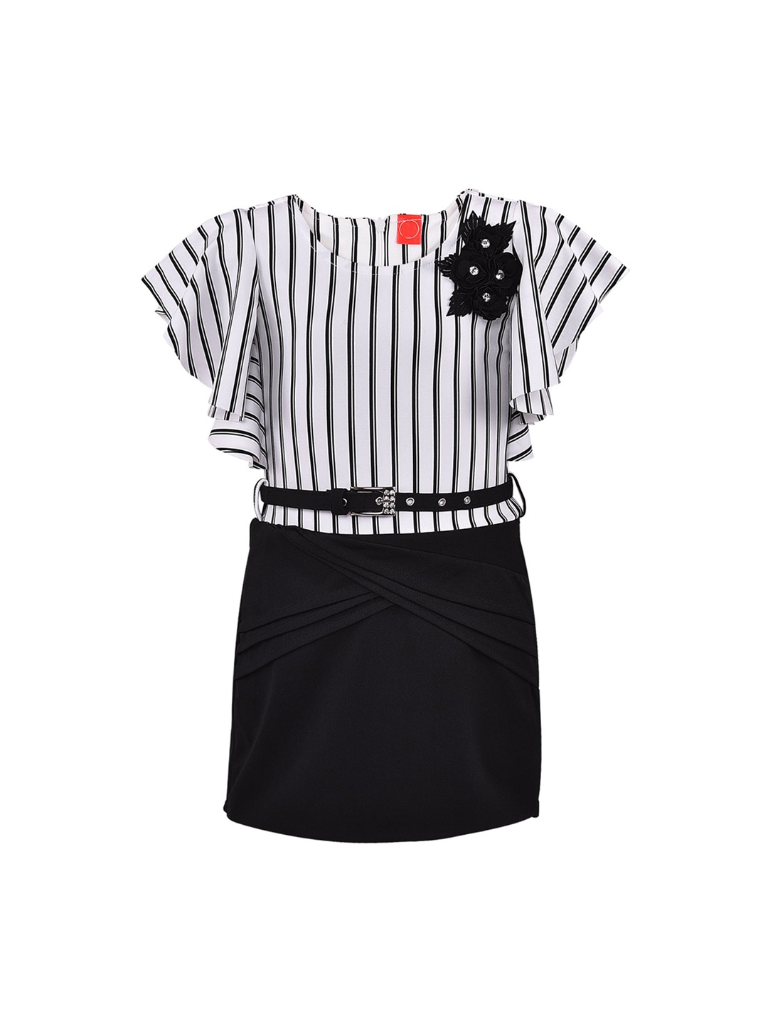 

Wish Karo White & Black Striped Applique Scuba Blouson Dress