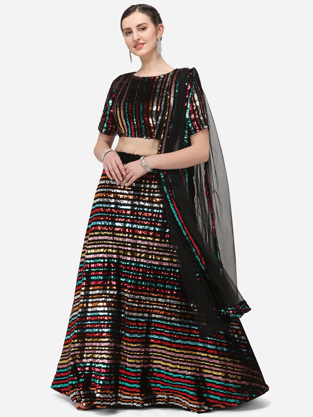 

JATRIQQ Women Black Semi-Stitched Lehenga & Unstitched Blouse with Dupatta