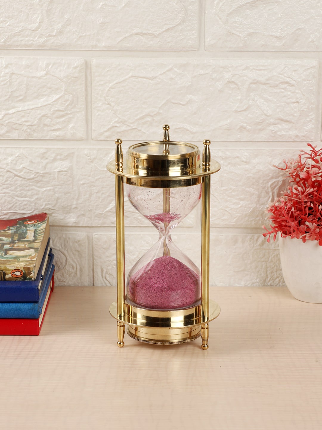 EXIM DECOR Gold-Toned & Pink Sand Timer With Both Side Compass