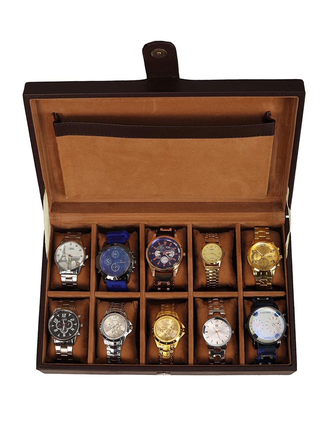 

Leather World Coffee Brown Solid 10 Slots Watch Box Organiser