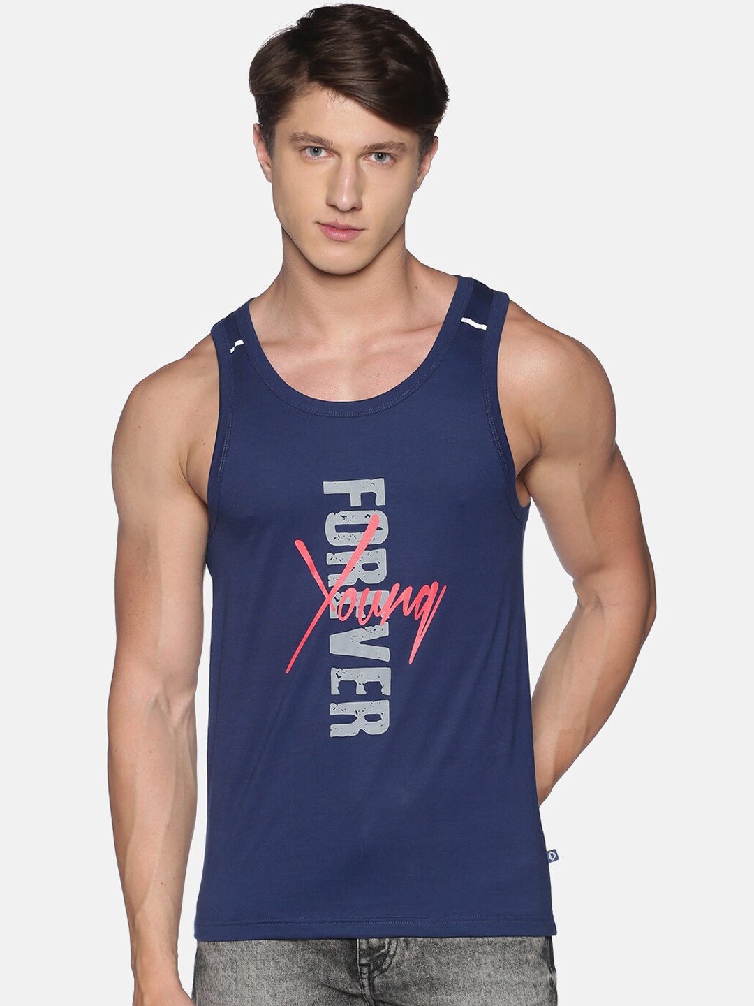 

Dollar Men Navy Blue & Grey Printed Cotton Vest Tank Top