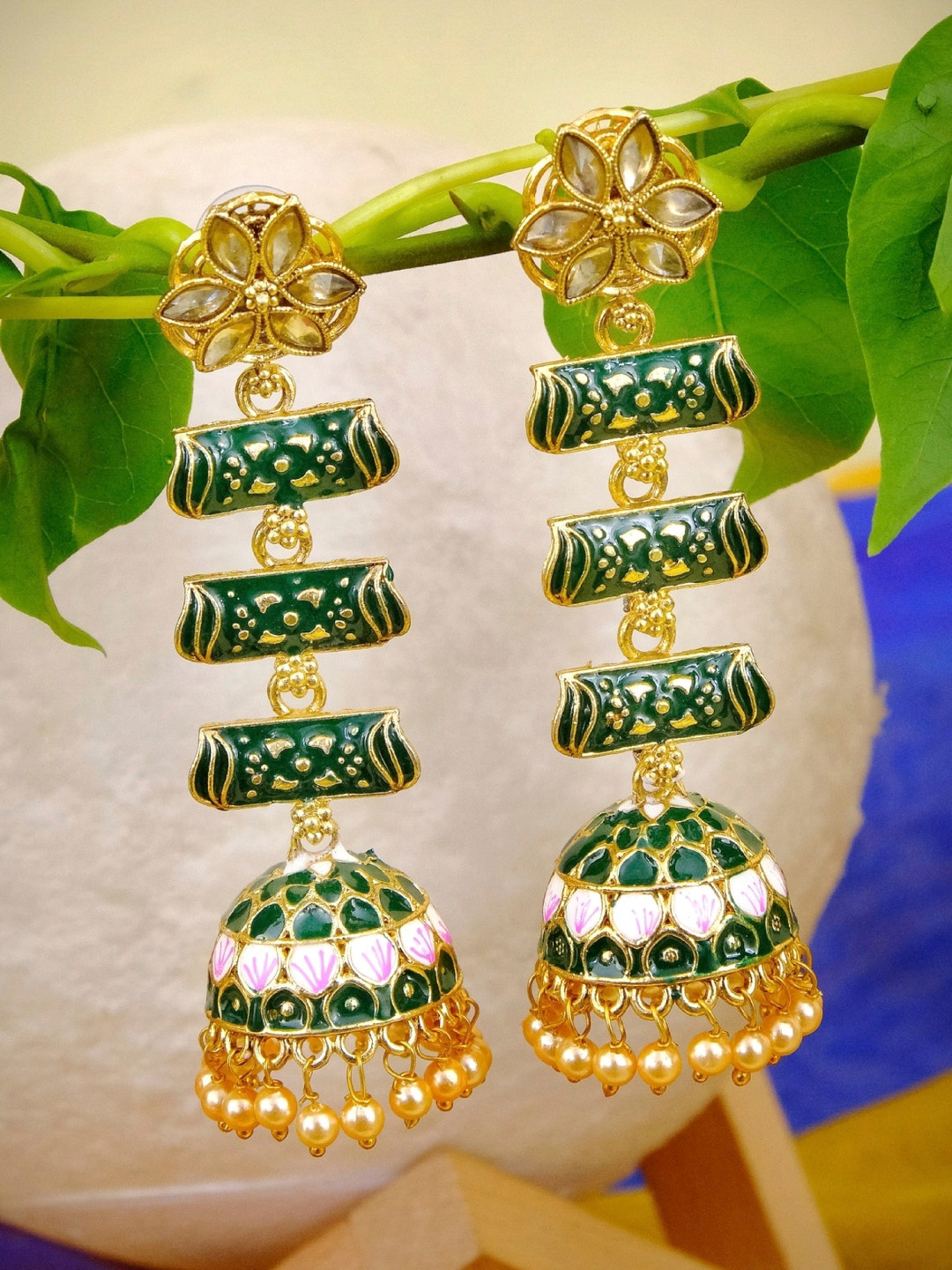 

Crunchy Fashion Gold-Plated Green Contemporary Jhumkas Earrings