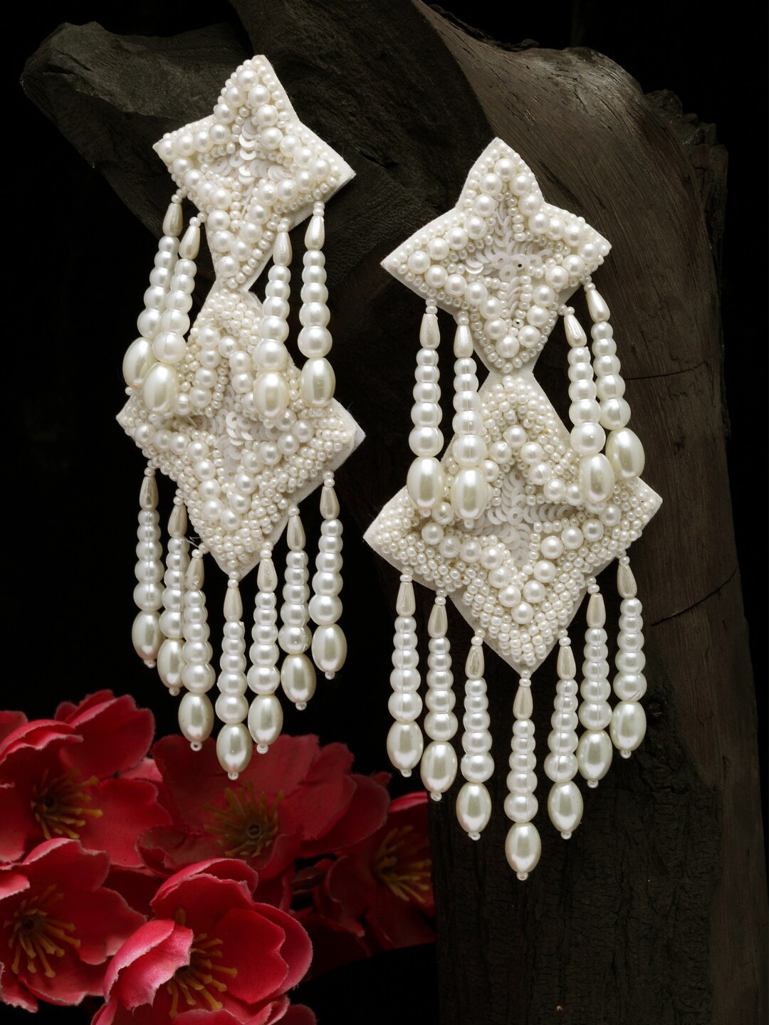 

Moedbuille Silver-Plated & Off White Pearls Contemporary Drop Earrings