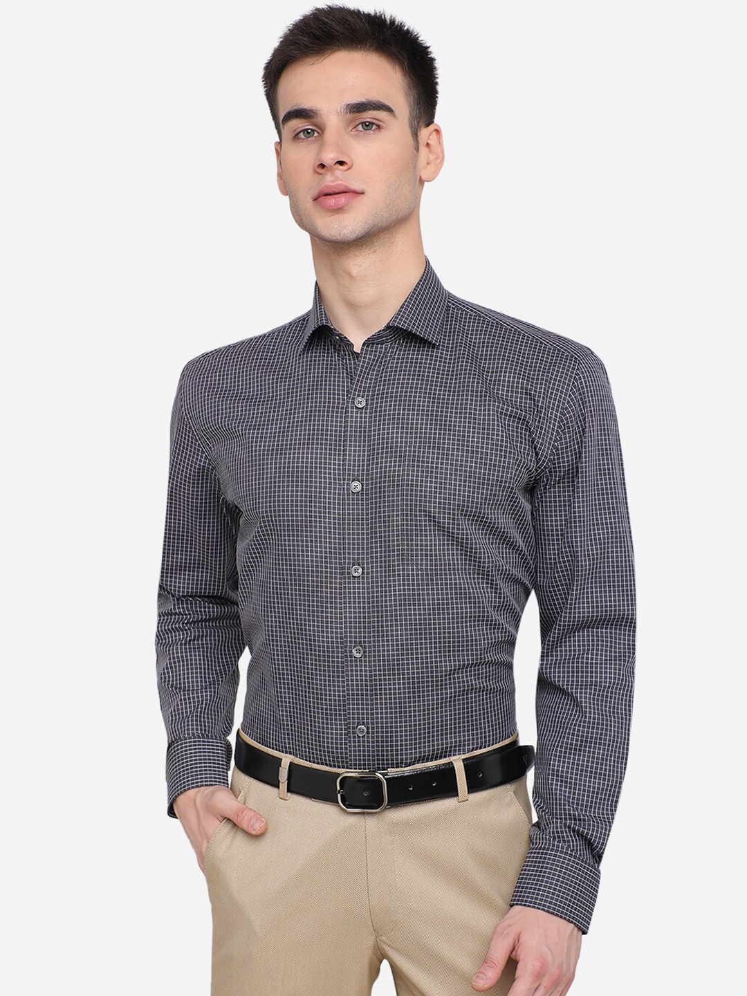 

JADE BLUE Men Grey Regular Fit Checked Casual Shirt