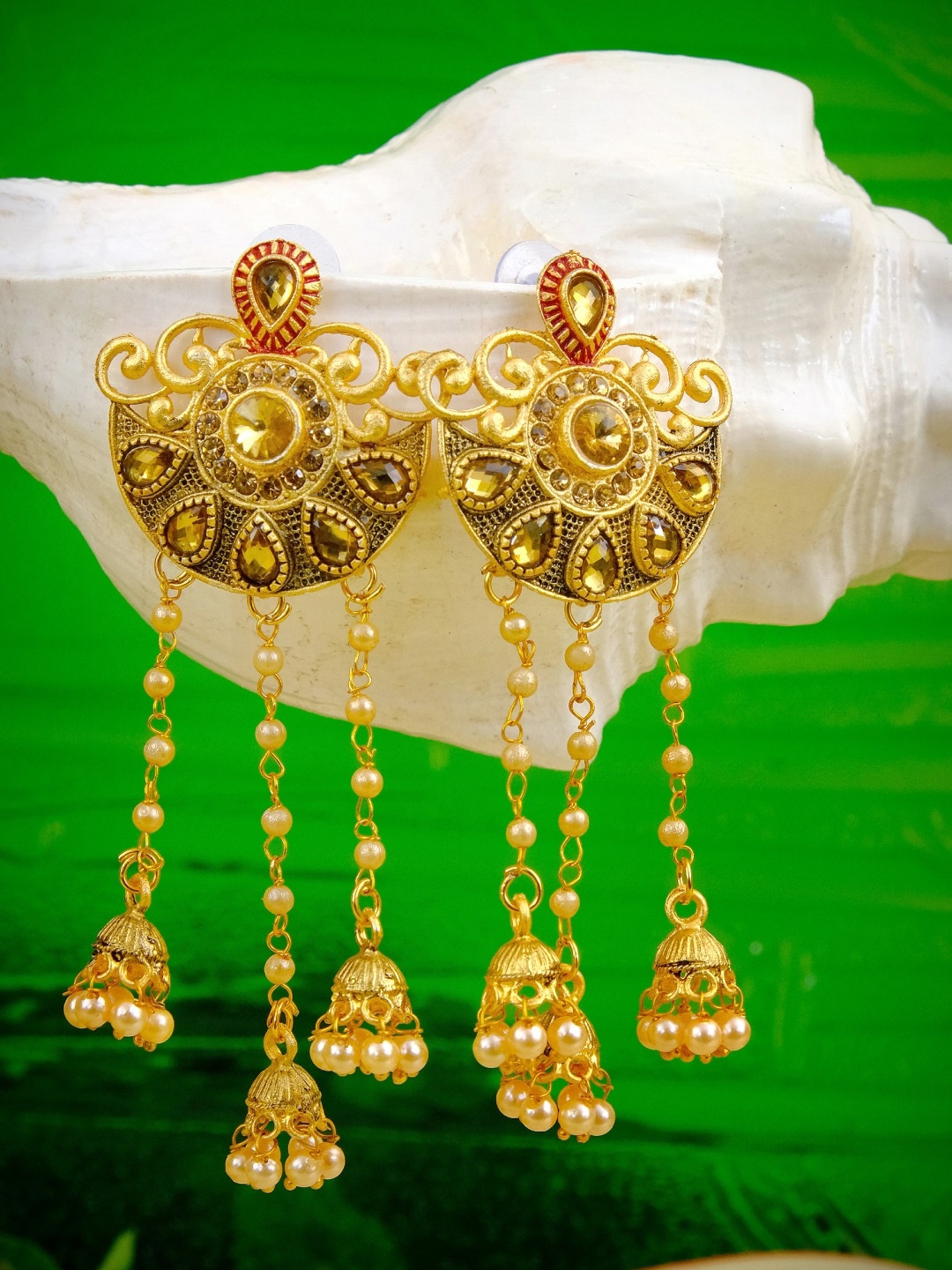 

Crunchy Fashion Gold Peacock Shaped Jhumkas Earrings