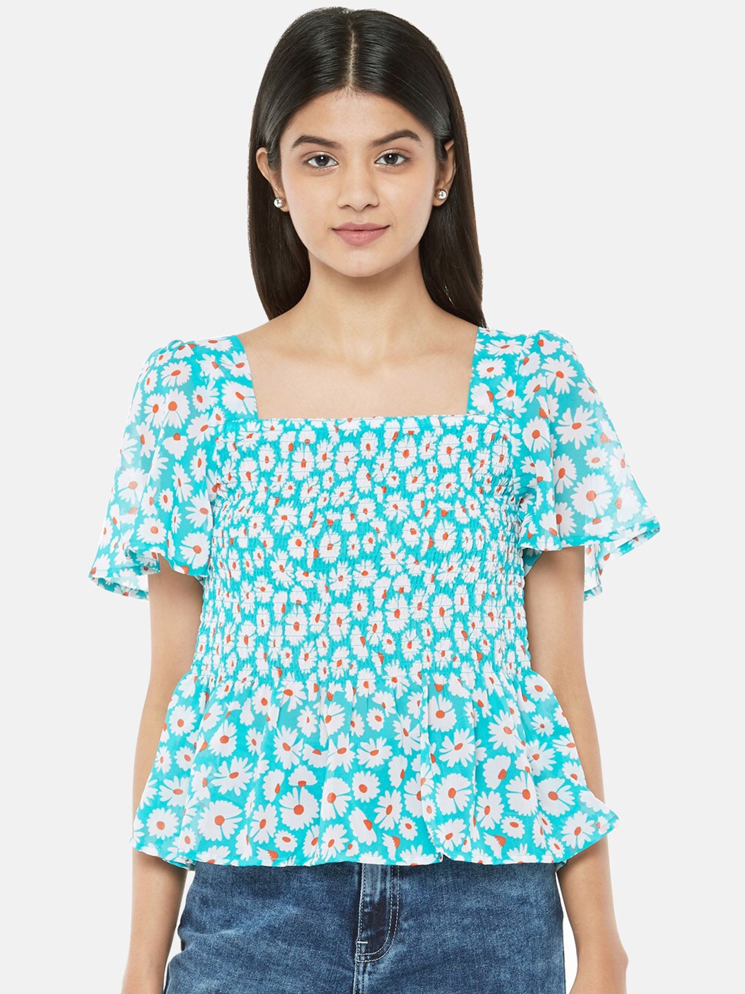

People Blue Floral Smocked A-Line Top