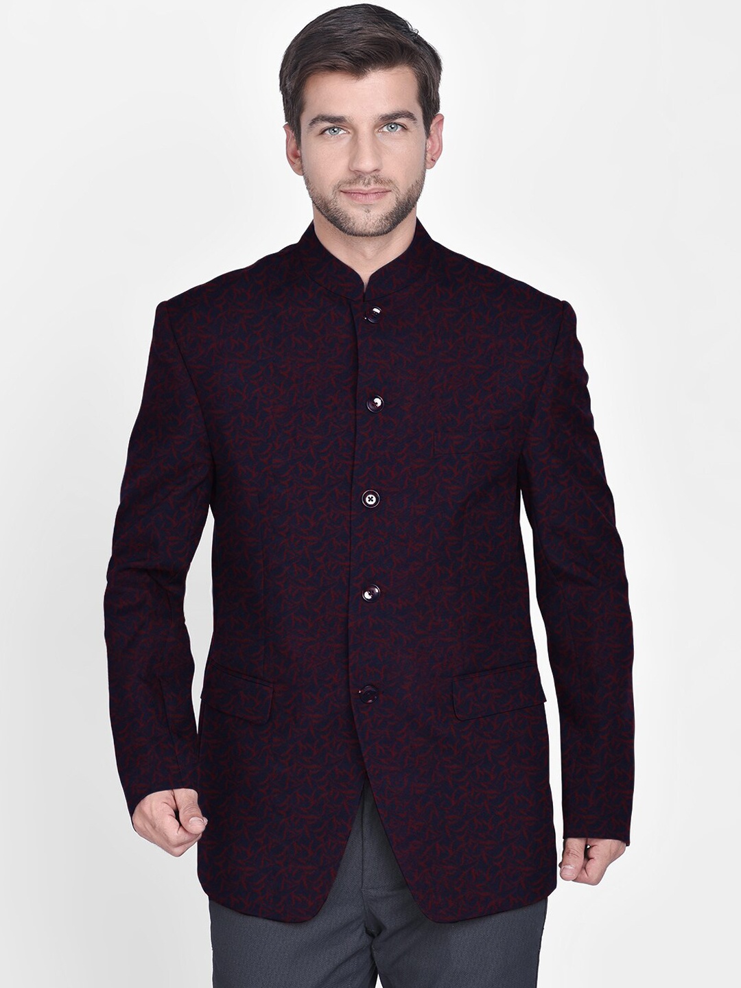 

Blacksmith Men Navy Blue & Red Printed Jacquard Bandhgala Blazer