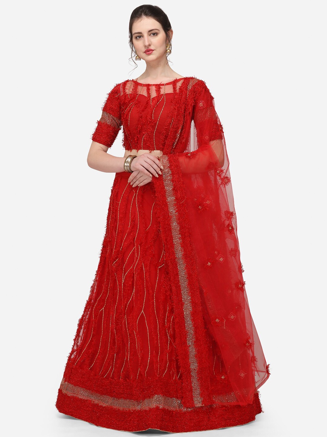 

JATRIQQ Women Red Embroidered Semi-Stitched Lehenga & Unstitched Blouse with Dupatta