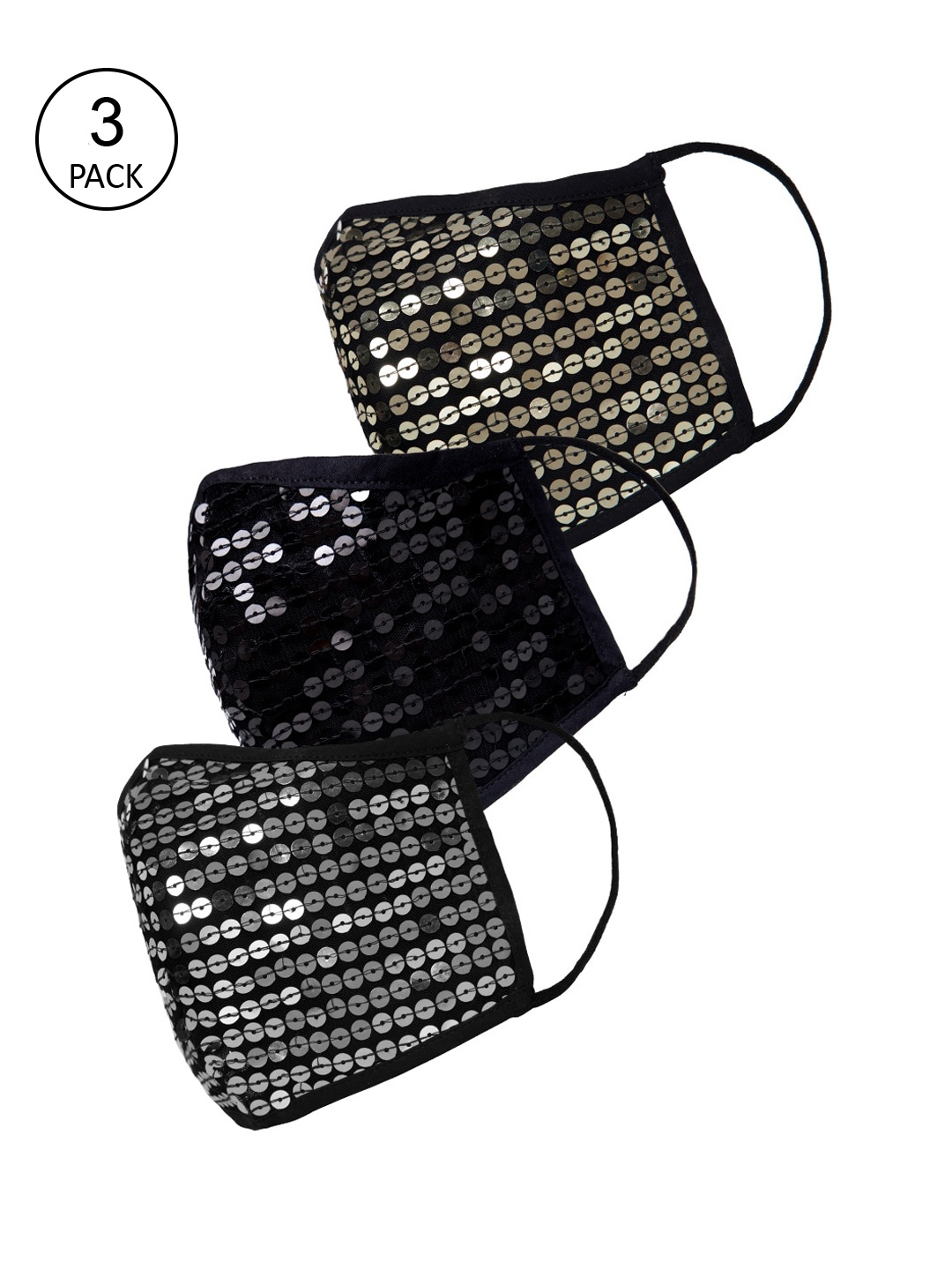 

Oxolloxo Women Pack Of 3 Sequined 3-Ply Reusable Outdoor Cloth Masks, Black
