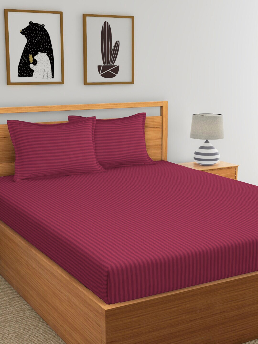 Florida Magenta Striped 300 TC King Bedsheet with 2 Pillow Covers