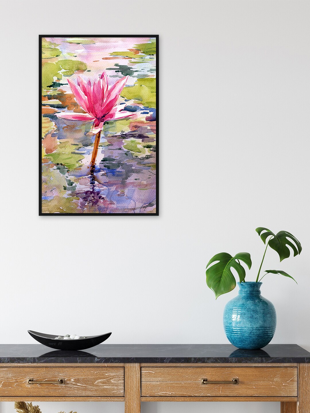 

nest ART Pink & Green Lotus Abstract Painting Framed Wall Art, White