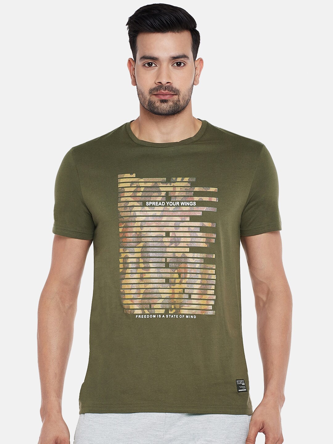 

People Men Olive Printed Cotton Pure Cotton T-shirt