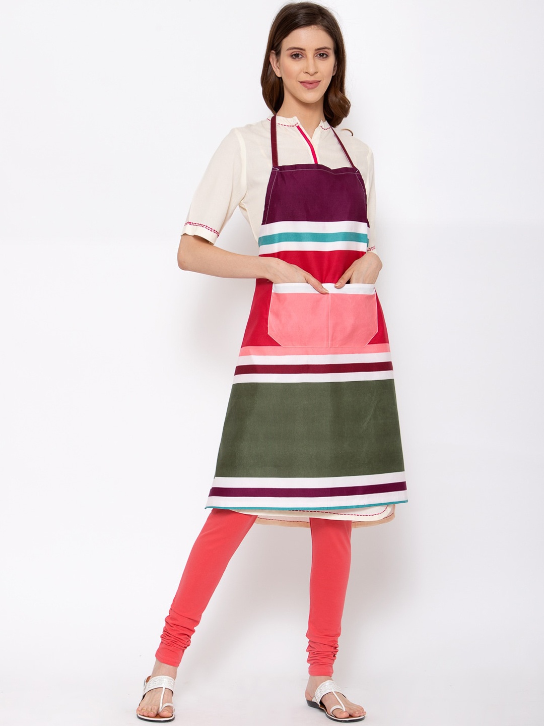 

KLOTTHE Olive-Green & Pink Striped 300 TC Apron