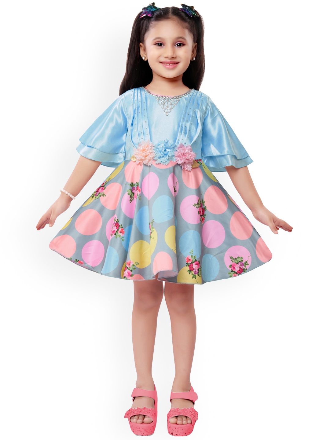

Wish Karo Blue & Pink Floral Satin Dress