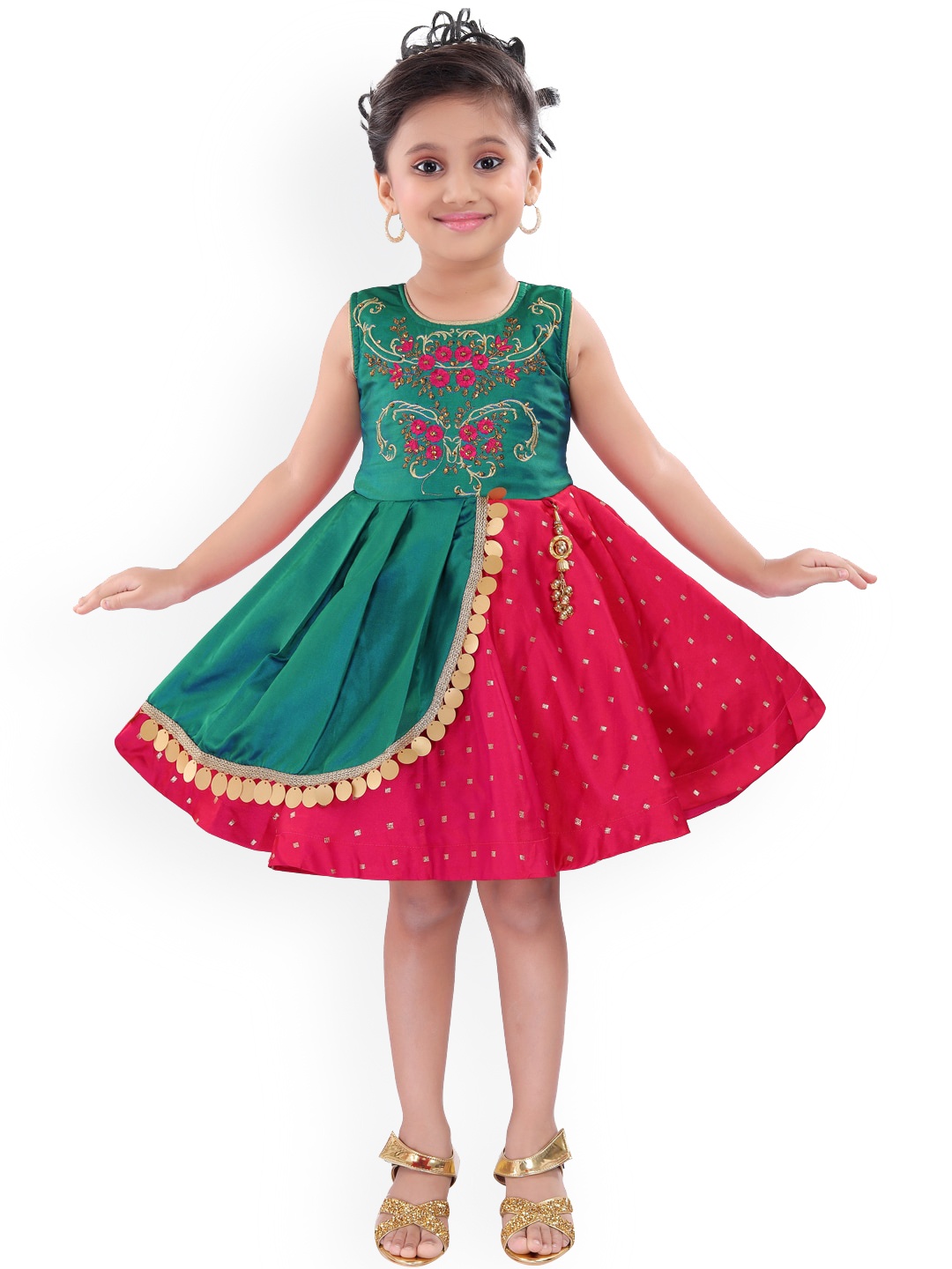 

Wish Karo Green & Pink Floral Embroidered Satin Dress