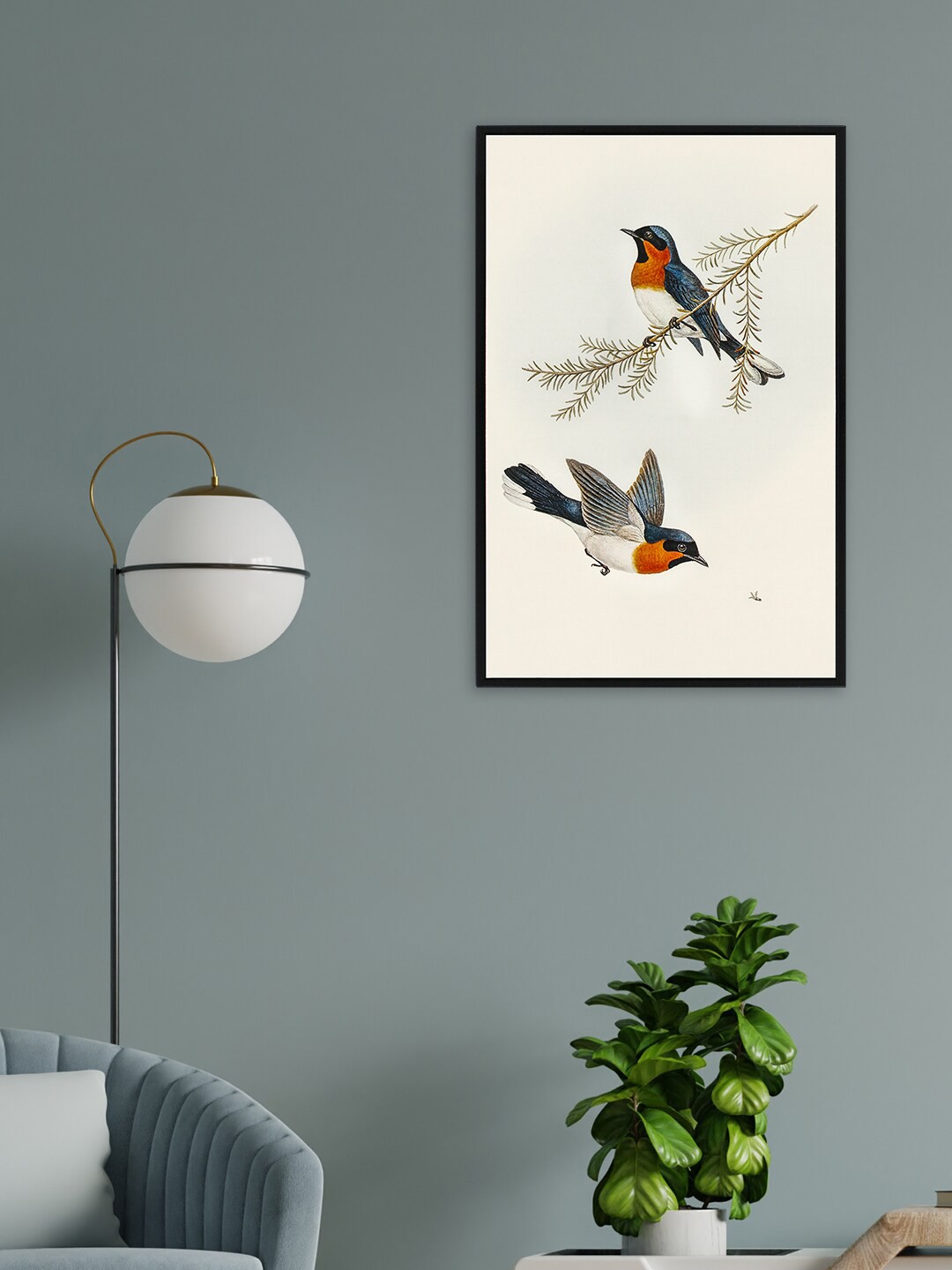 

nest ART Orange & Blue Abstract Birds Painting Framed Wall Art, Beige