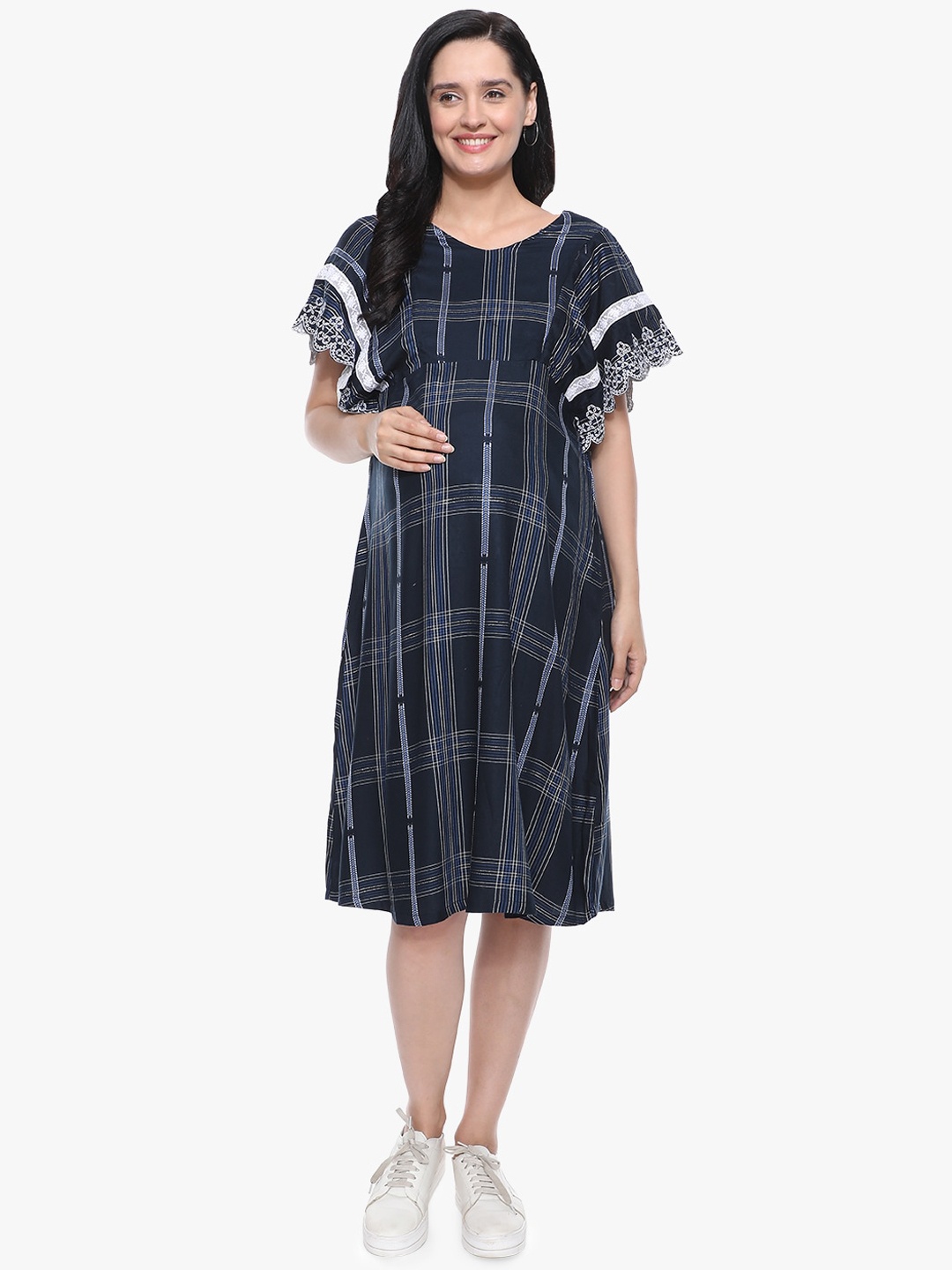 

MeeMee Navy Blue Checked Maternity Cotton A-Line Dress