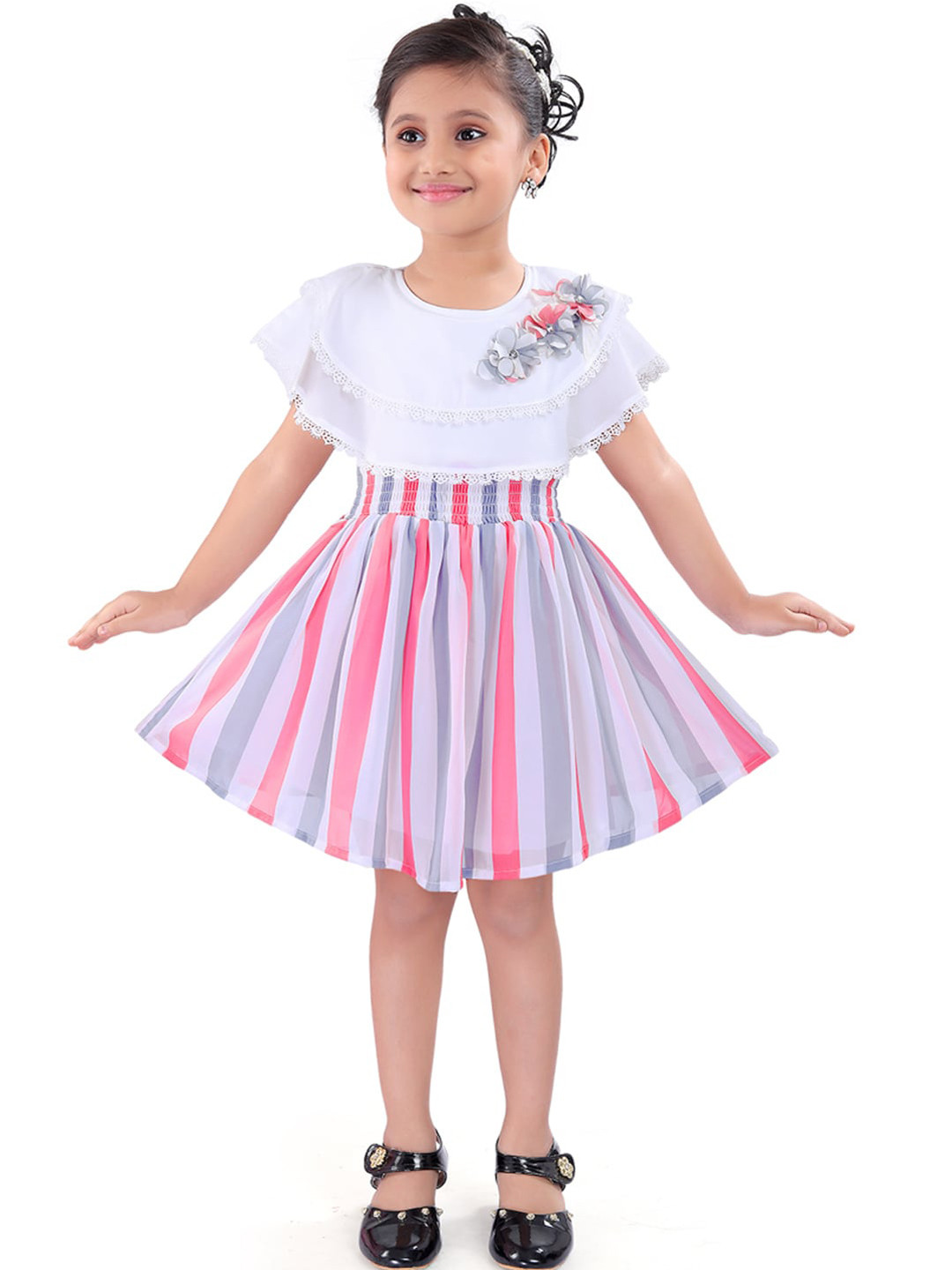 

Wish Karo White & Pink Striped Georgette Dress