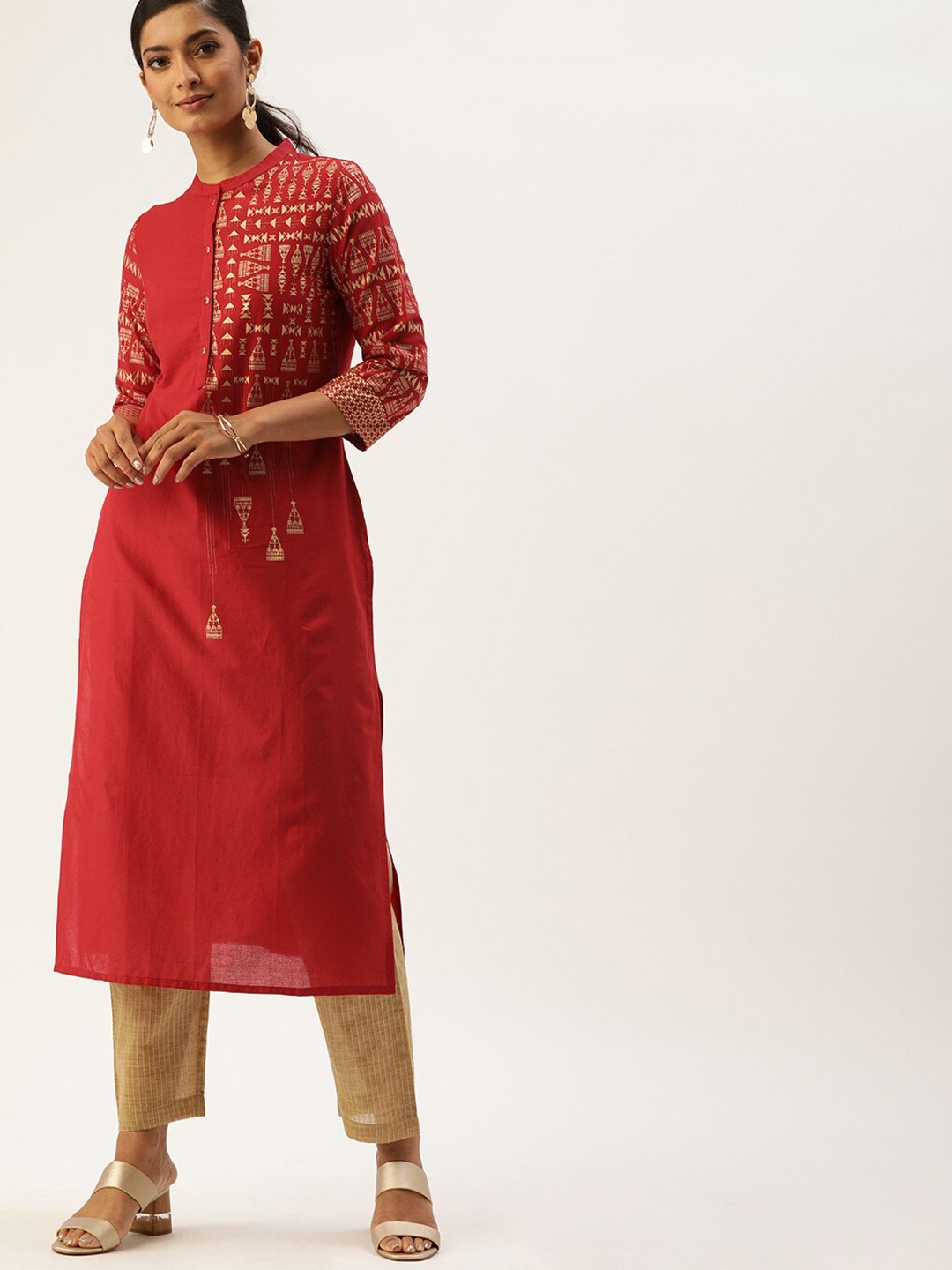 

Varanga Women Red & Beige Geometric Printed Cotton Kurta