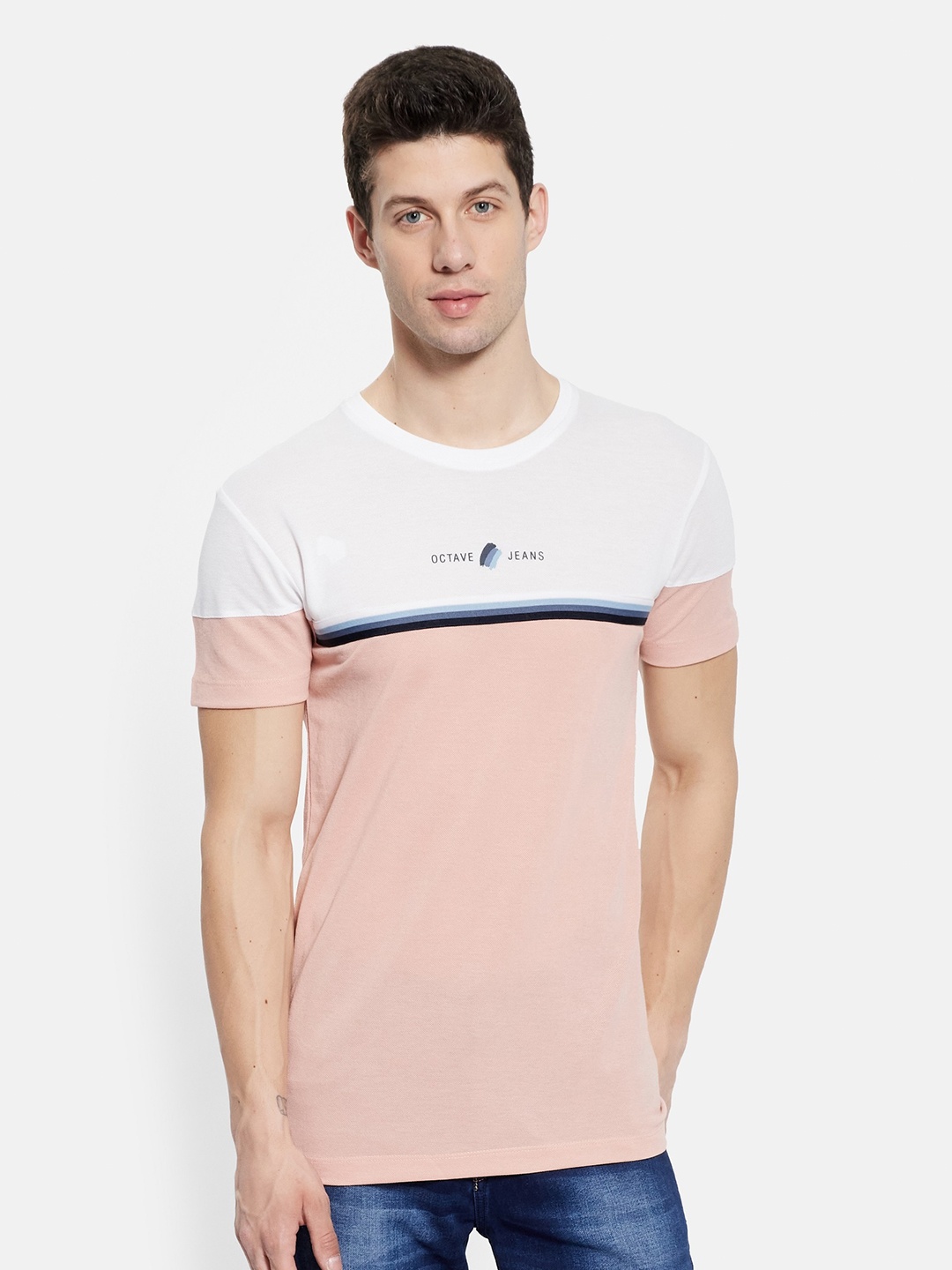 Octave Men Pink & White Colourblocked T-shirt