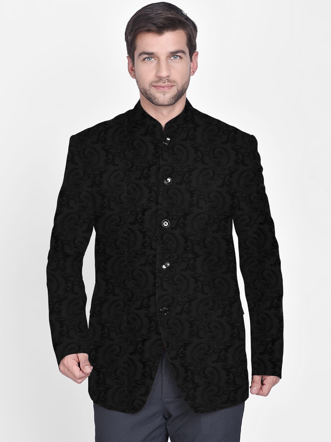 

Blacksmith Men Black Paisley Self-Design Jacquard Bandhgala Formal Suit