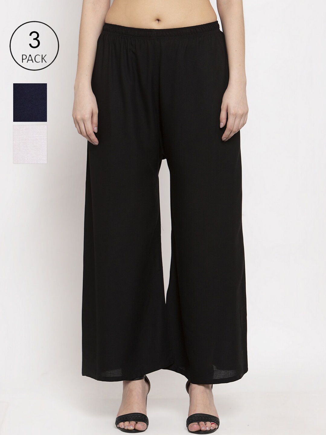 Miaz Lifestyle Women Pack of 3 Black & Navy Blue 3 Flared Palazzos