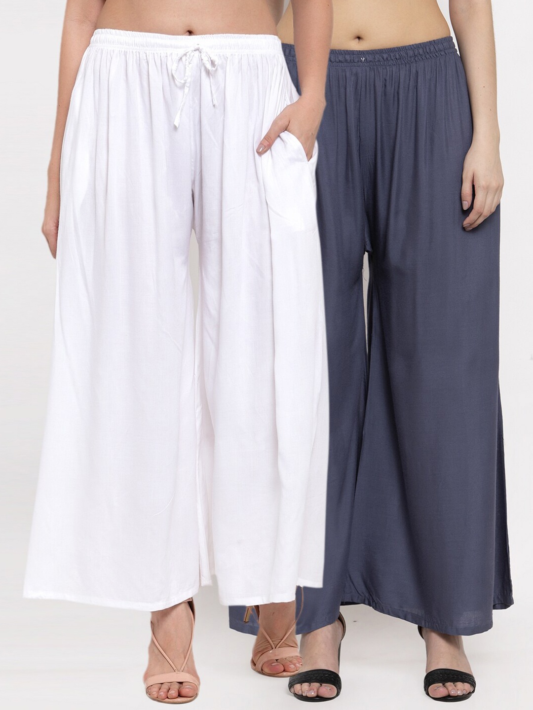 

Miaz Lifestyle Women White & Grey 2 Flared Palazzos