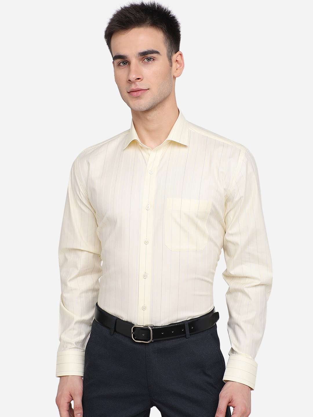 

JADE BLUE Men Yellow & White Striped Cotton Formal Shirt