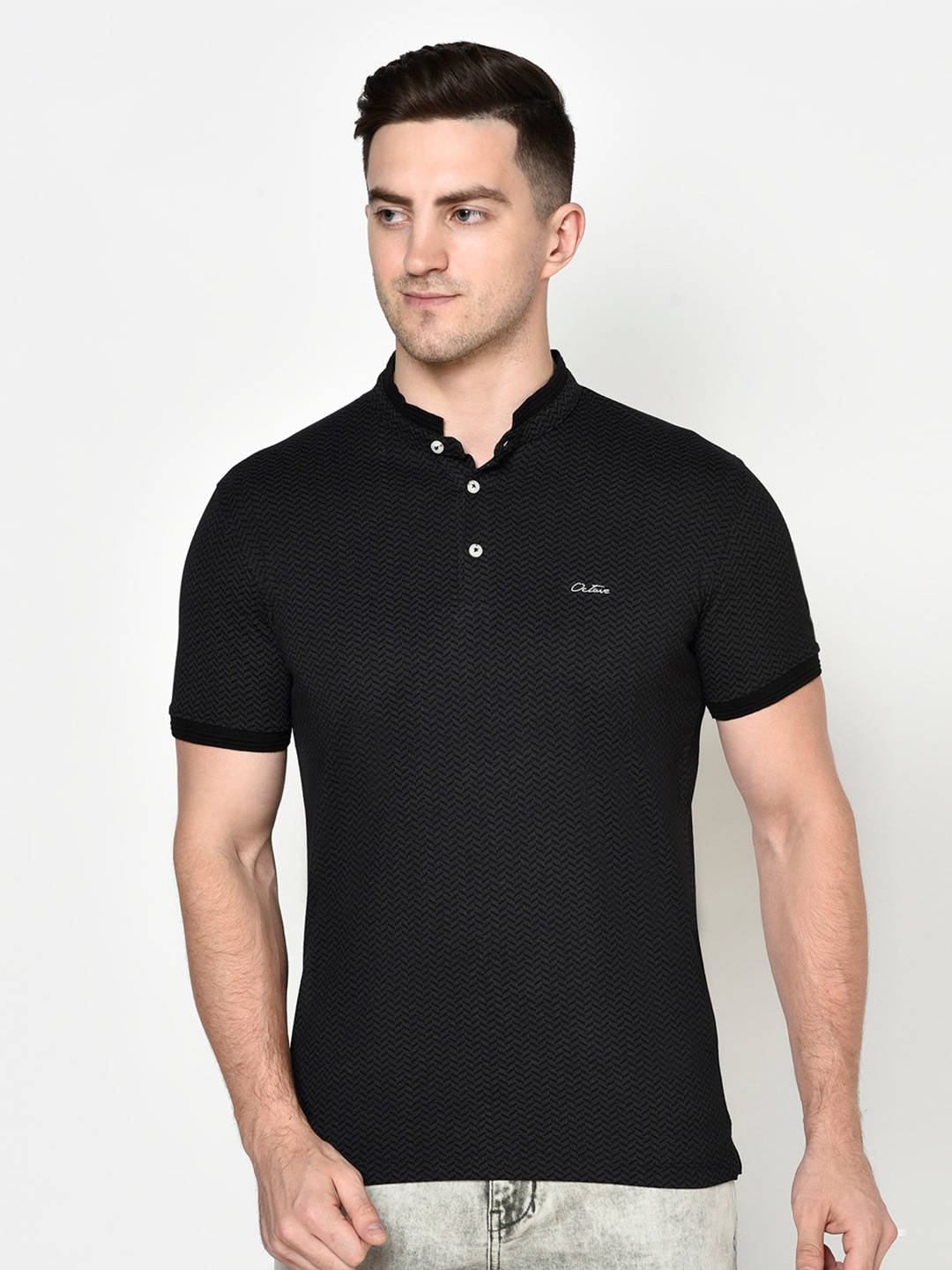 

Octave Men Black & White Printed Mandarin Collar Cotton T-shirt