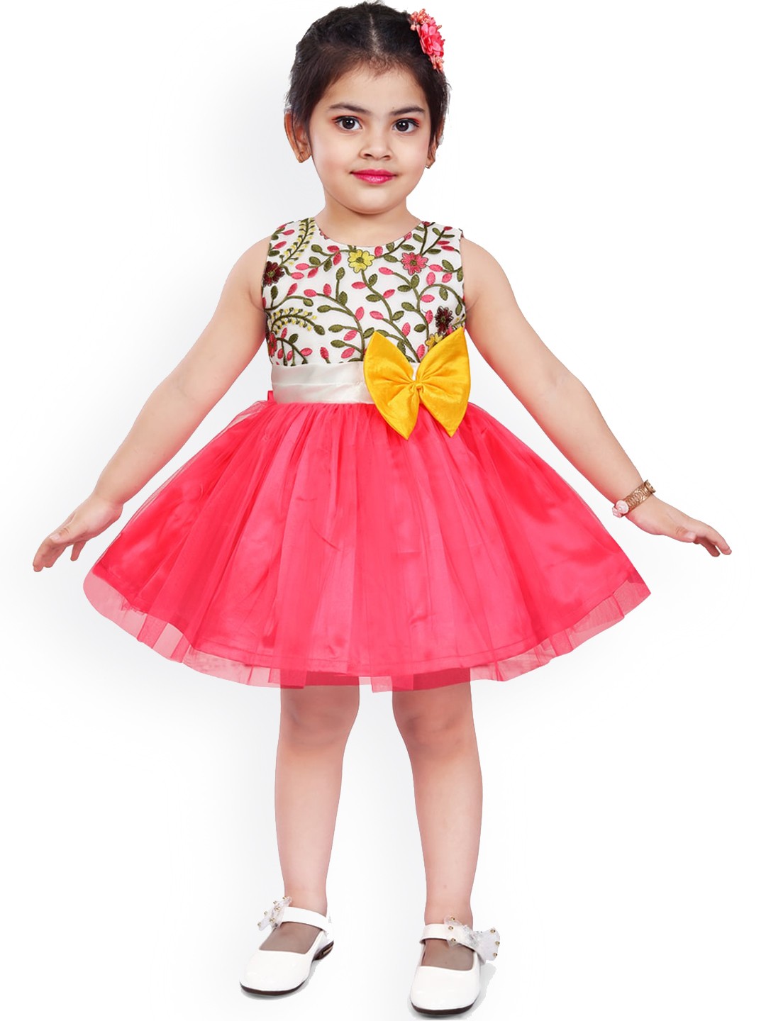 

Wish Karo Girls Pink & White Floral Embroidered Net Dress