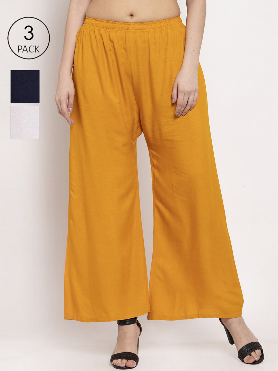 

Miaz Lifestyle Women Pack Of 3 Flared Palazzos, Mustard