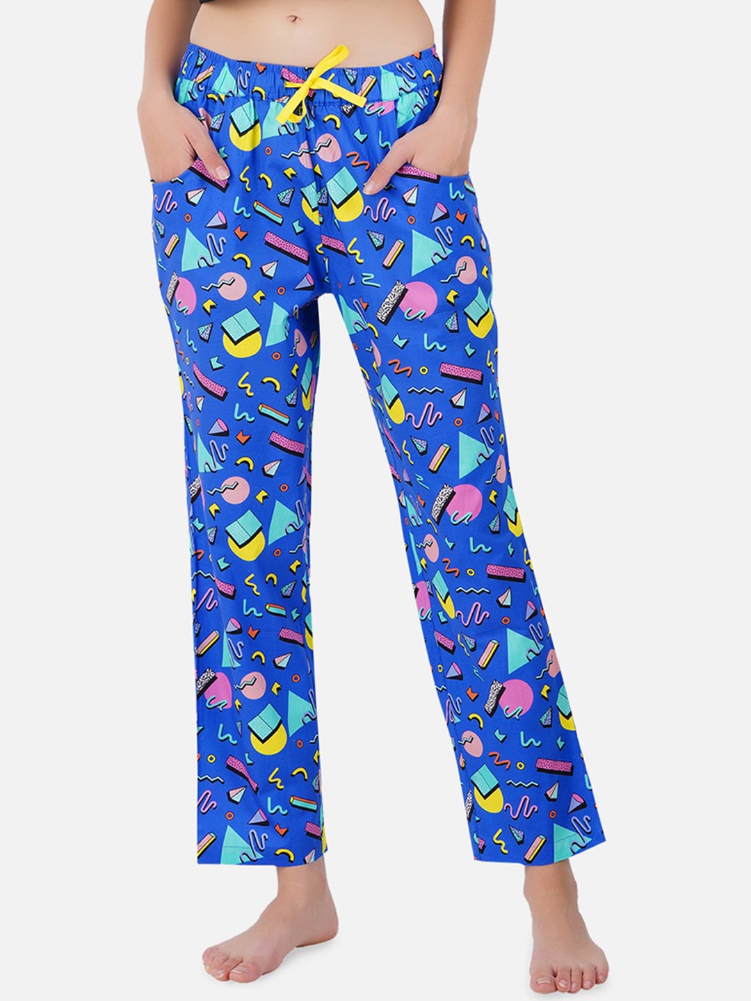 Smugglerz Women Blue & Yellow Printed Cotton Lounge Pants