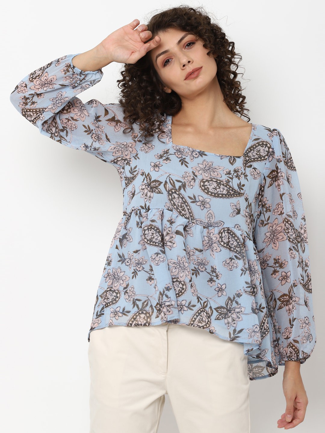 

AMERICAN EAGLE OUTFITTERS Blue & Brown Puff Sleeve Bohemian A-Line Top