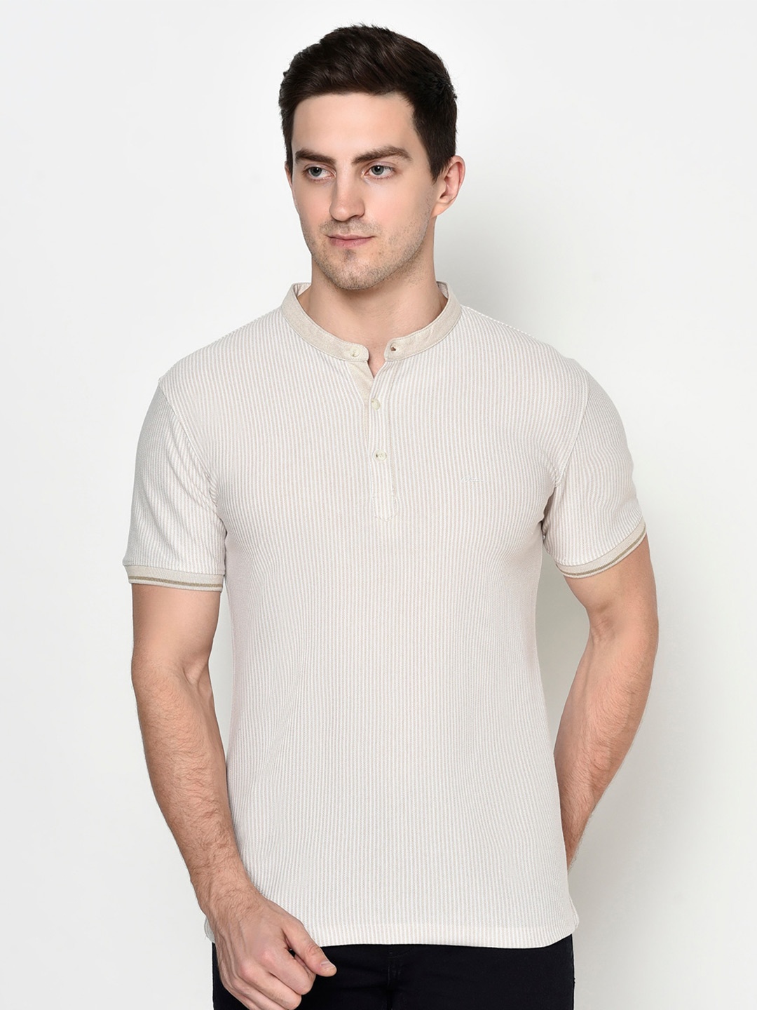 

Octave Men Cream & White Striped Henley Neck T-shirt