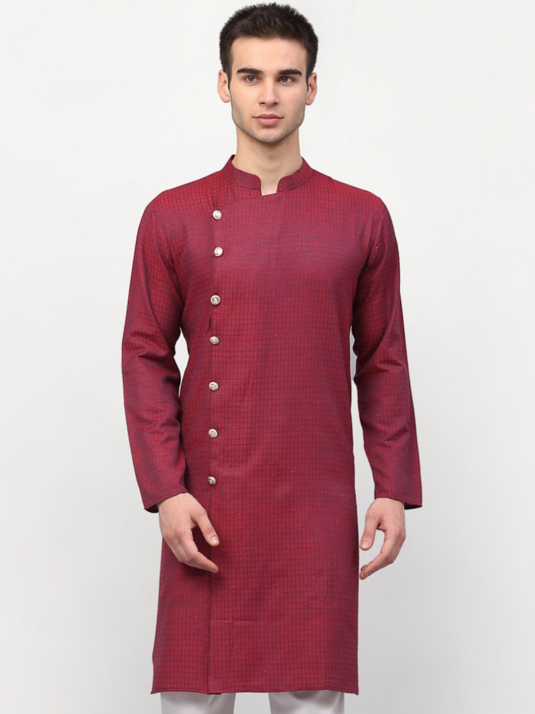 

Jompers Men Maroon Checked Cotton Jacquard Kurta