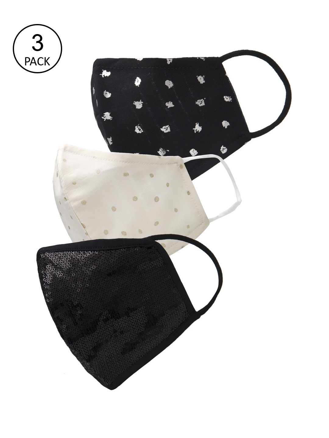 

Oxolloxo Women Pack Of 3 Printed 3-Ply Cloth Face Masks, Black