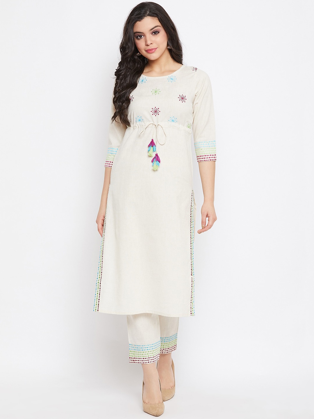 

WineRed Women Off White Embroidered Kurta with Trousers