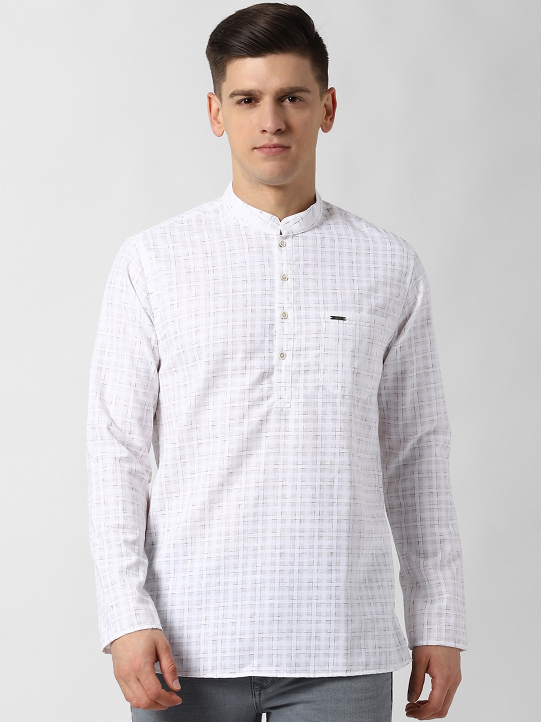 

Peter England Men White Geometric Checked Chikankari Kurta