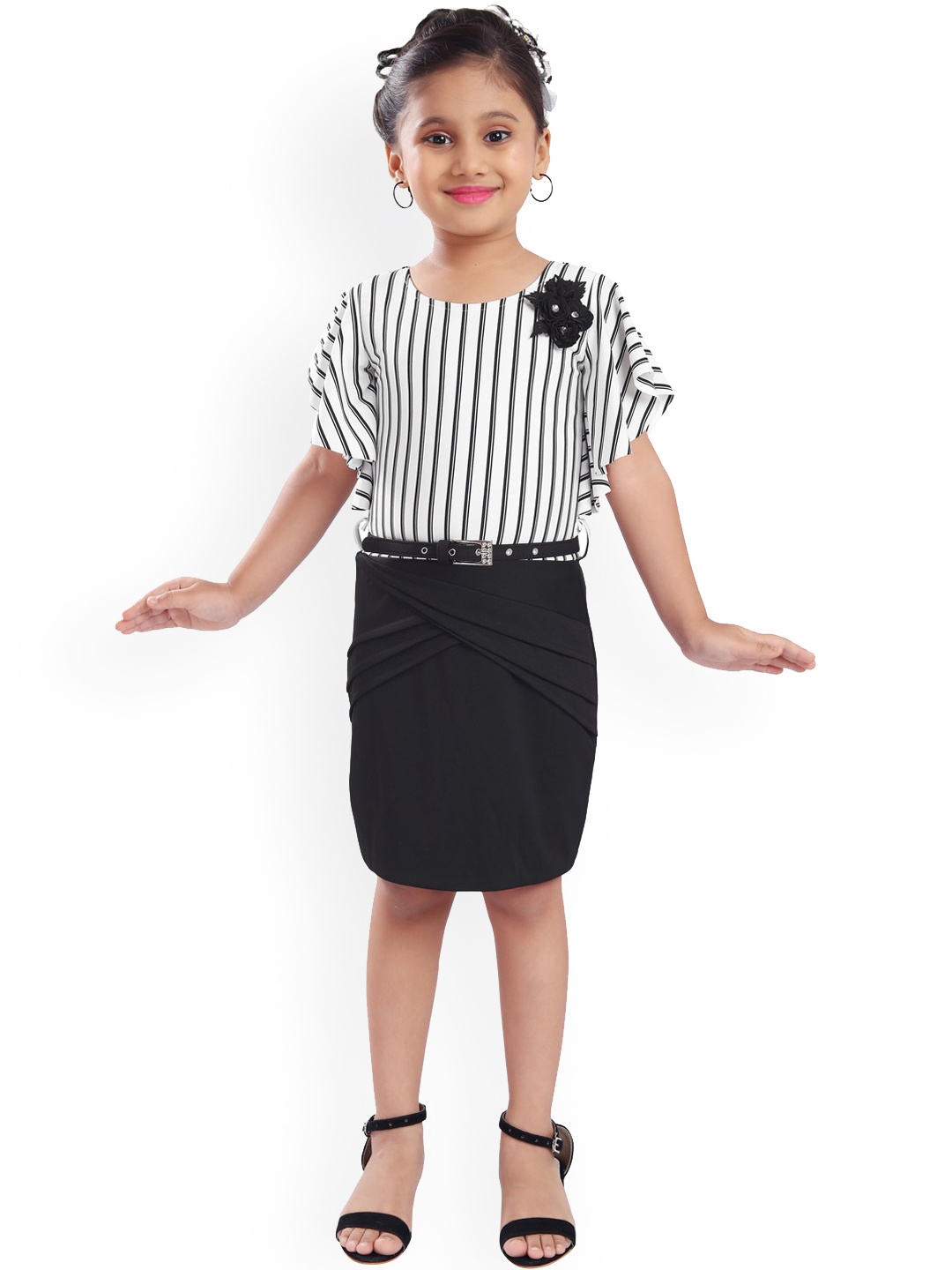 

Wish Karo White Striped Scuba A-Line Dress