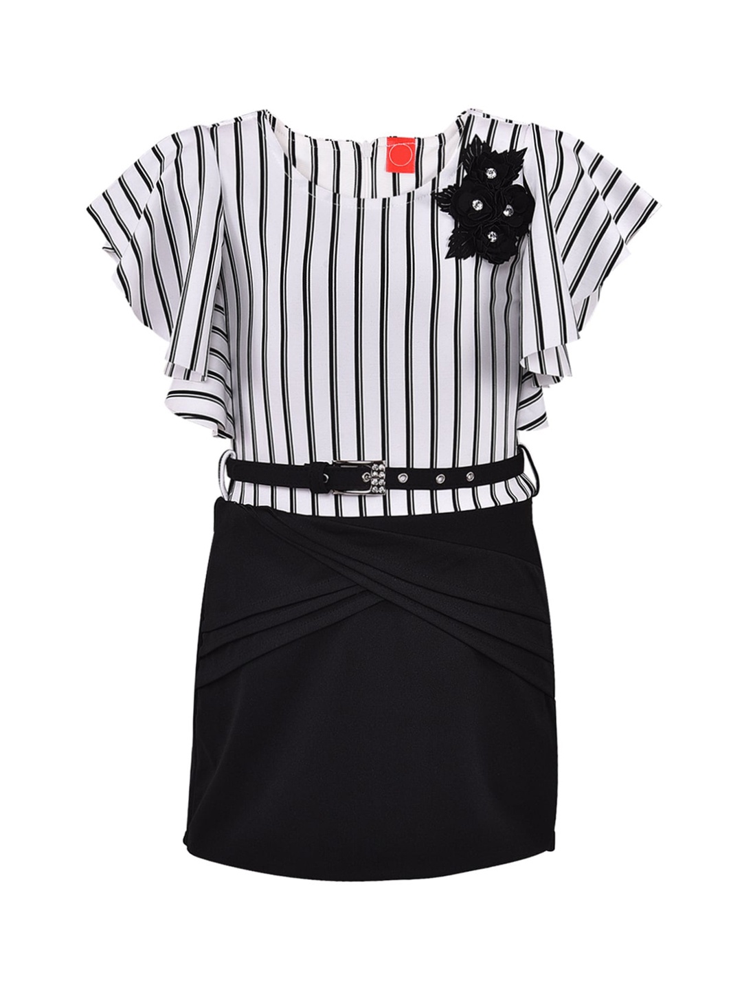 

Wish Karo White & Black Striped Applique Scuba Blouson Dress