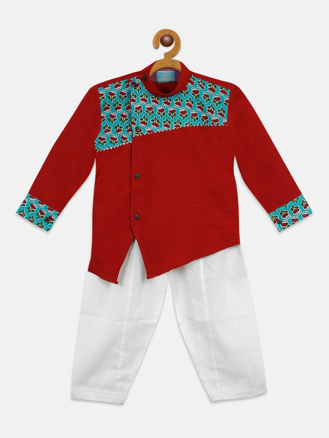 

LIL PITAARA Boys Red Angrakha Pure Cotton Kurta with Pyjamas