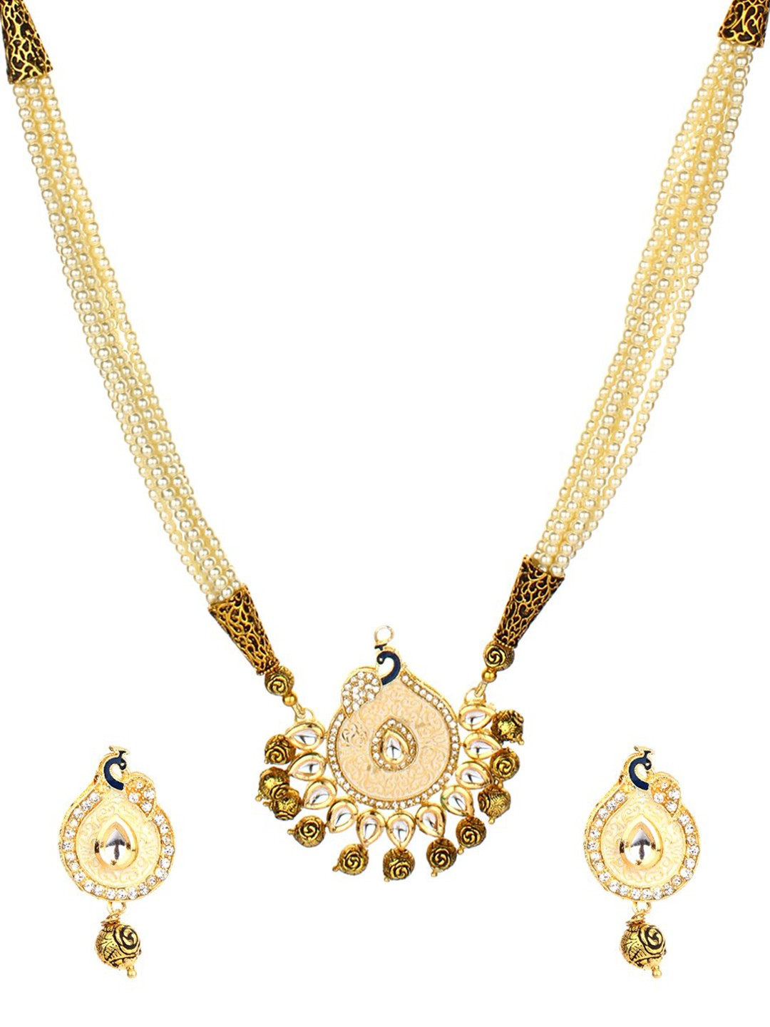 

Runjhun Gold-Plated & Cream-Coloured Stone-Studded & Beaded Jewellery Set
