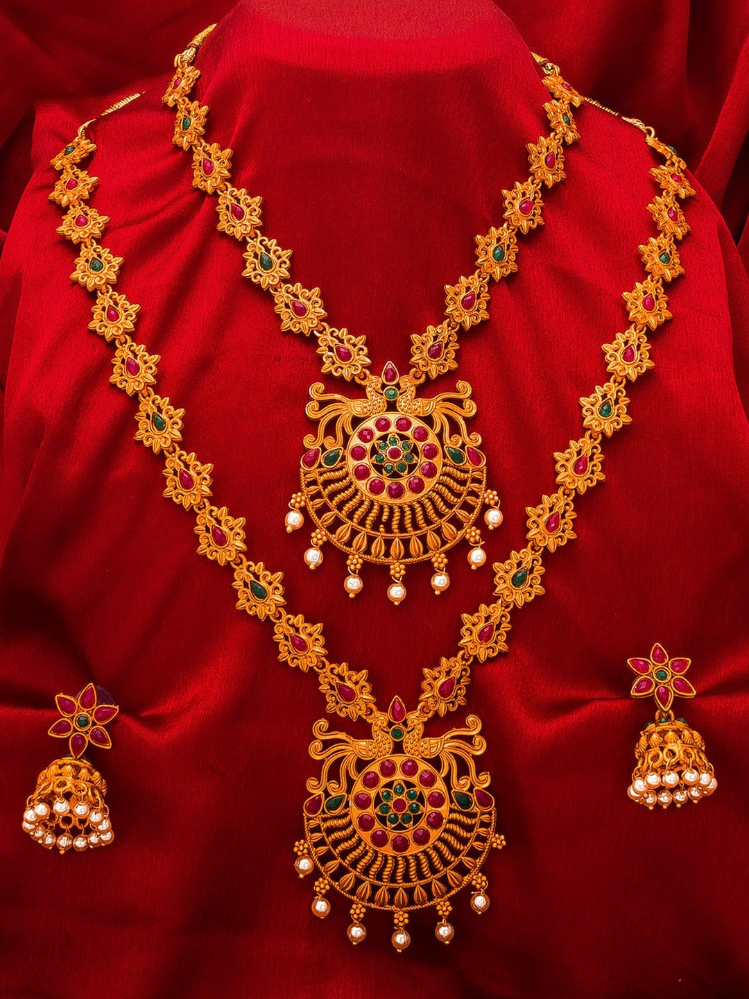 

aadita Gold-Plated Green Pearls-Studded Temple Jewellery Set