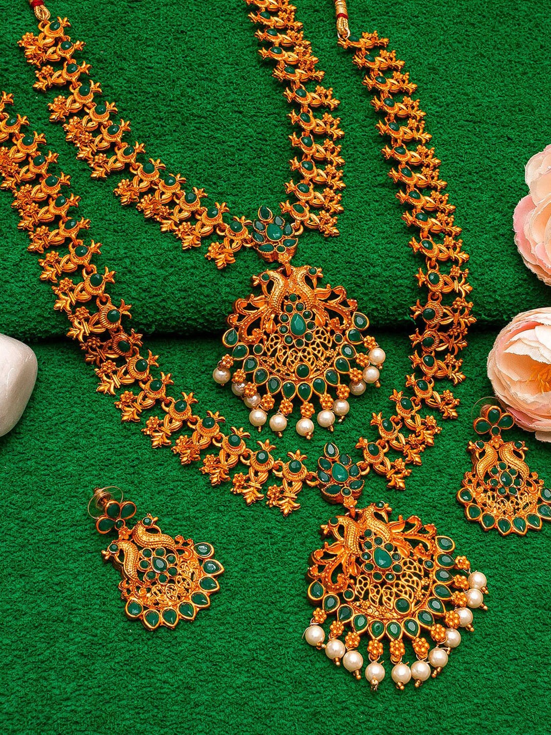 

aadita Gold-Plated Green Pearls-Studded Temple Jewellery Set