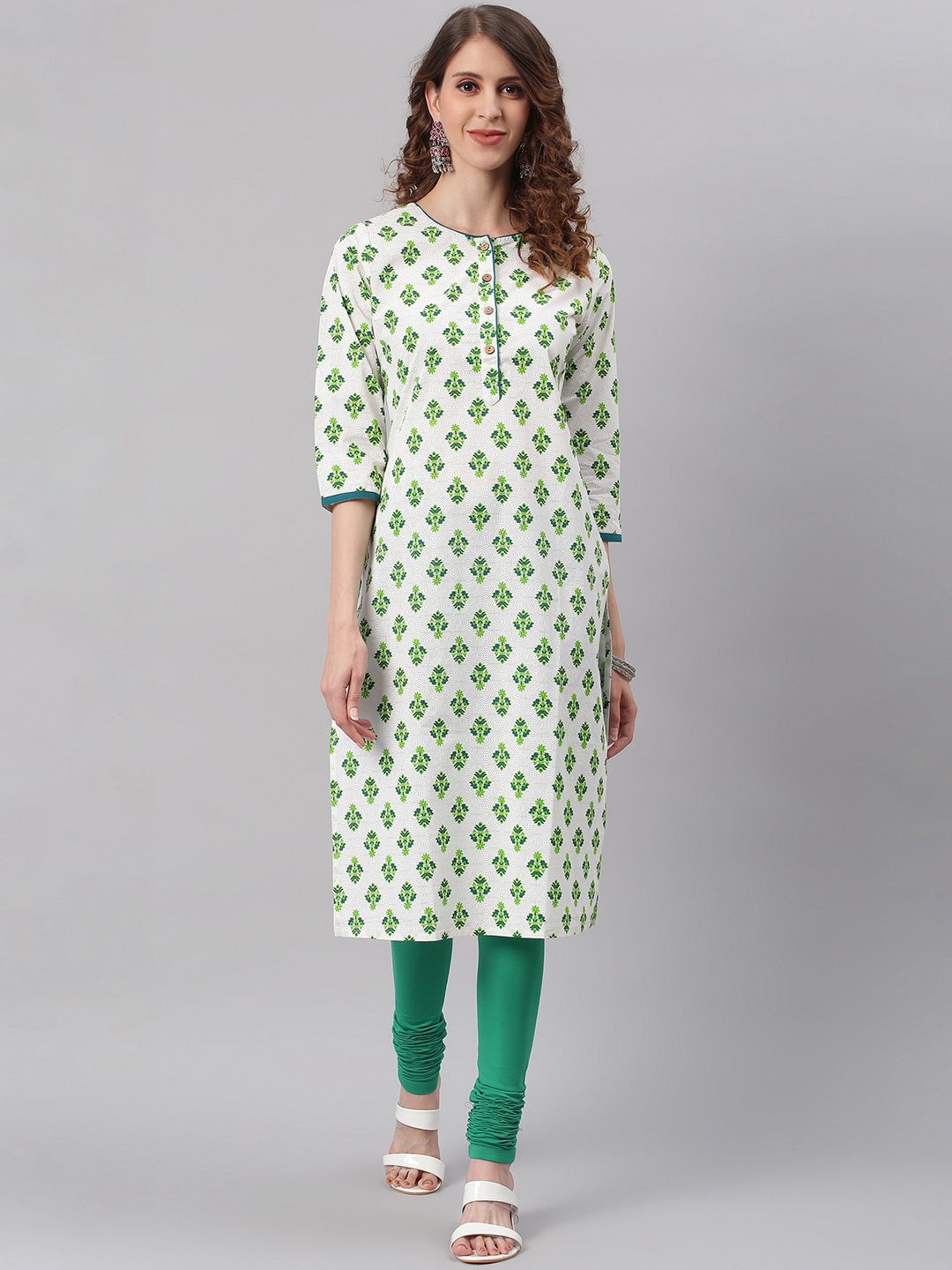 

Janasya Women White & Green Floral Printed Cotton Kurta