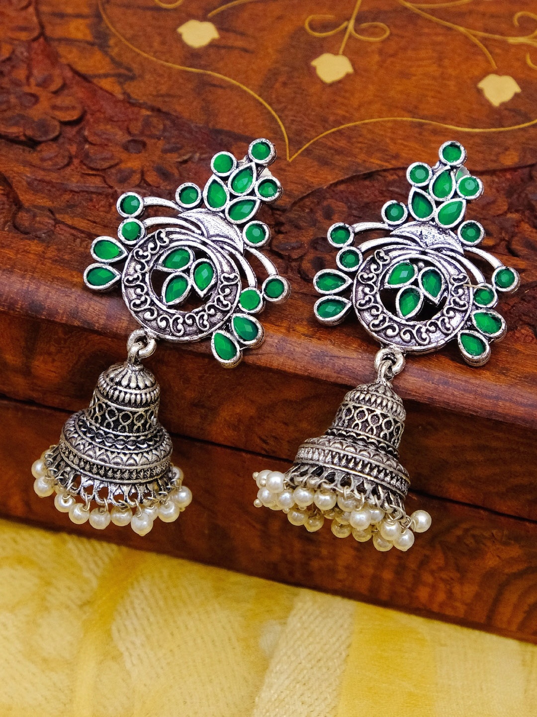 

Crunchy Fashion Silver-Toned Contemporary Oxidised Jhumkas Earrings