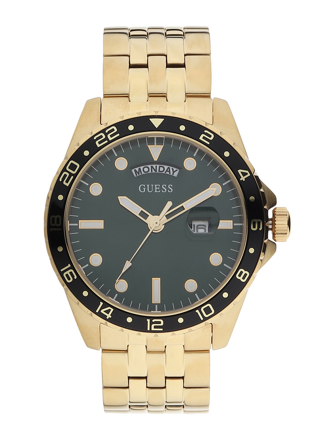 

GUESS Men Green Dial & Gold Toned Stainless Steel Bracelet Style Straps Analogue Watch, Black