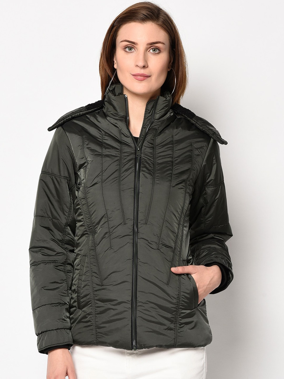 

Spirit Women Grey Solid Padded Jacket with Hood
