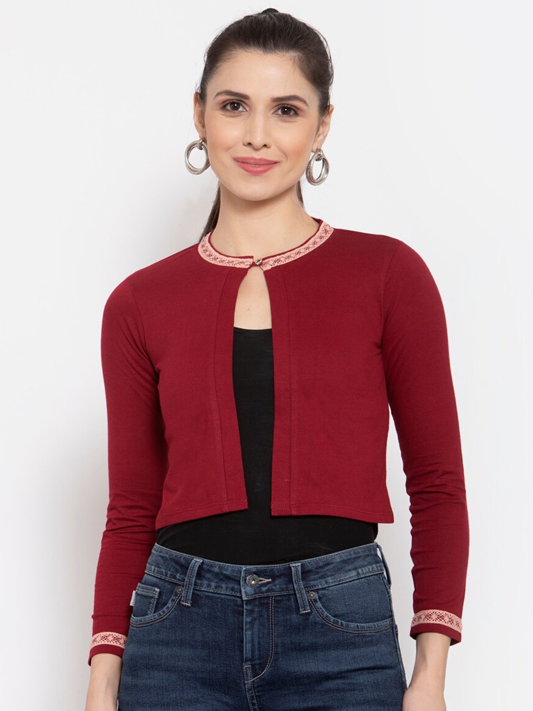 

Style Quotient Women Maroon & Peach-Coloured Embroidered Cotton Crop Shrug